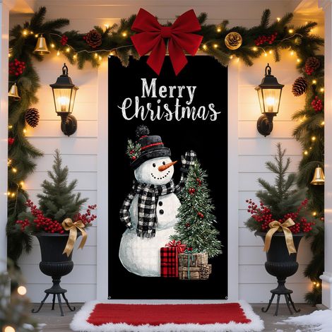 Décorations de Noël 2026 - Bannières, nœuds, décorations de porte, rideaux - 90 x 180 cm (œillets + ruban) - QL-47