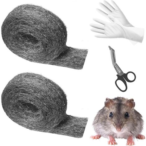 Laine d'acier 10m, 2 Rouleaux de Laine d'acier 0000 Anti Rongeur Lot de Laine d'acie Contre Les Rats avec Ciseaux Gants pour la Maison, Garage, Jardin (1/5)