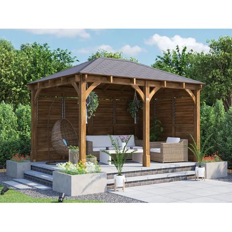 Dunster House Wooden Gazebo Kit Louvre Walled 4m x 3m Heavy Duty Garden Shelter Roof Shingles Leviathan