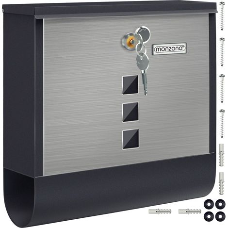Boîte aux lettres murale XXL acier inoxydable noir argent, fente 30 cm et tube journaux (1/5)