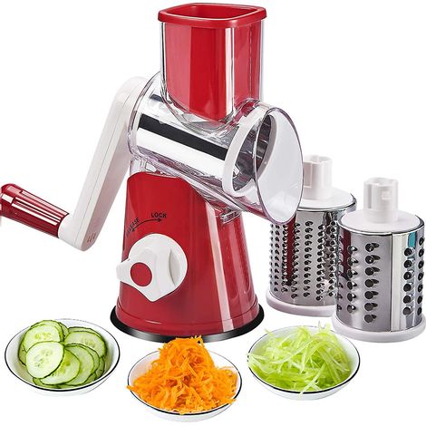 HOXILEELEO - Râpe rotative portative pour légumes, fromage, râpe à légumes, mandoline, hachoir, 2 râpes rondes en acier inoxydable sans BPA (rouge) (1/5)