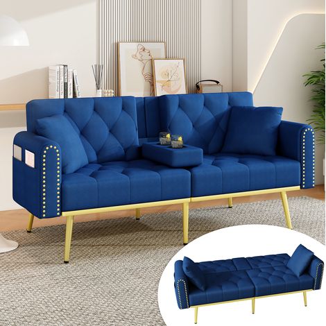 Schlafsofa 175x80x73.5 cm blau aus Samt mit verstellbarer Rückenlehne und Getränkehalter (1/5)