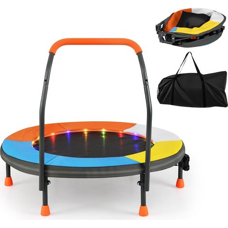 GOPLUS Trampoline pour Enfants φ90CM, Mini Trampoline avec 20 Lumières Réglables et 20 Élastiques, Poignée Pliable en Mousse et Pieds Antidérapants, pour 3 Ans+, Charge 25 kg (1/5)