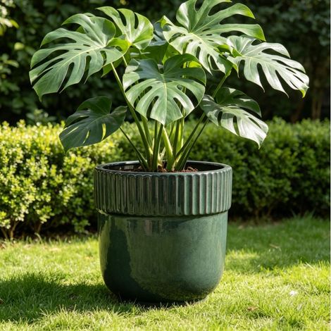 VVBV Pot de fleurs en céramique, Ø 38 cm, fait main, résistant au gel, trou de drainage, finition brillante, Bleu (1/5)