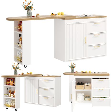 CAIziTable de bar avec fonction pivotante à 360°, étagères réglables et protection anti-basculement, 3 tiroirs et tablette latérale, table haute polyvalente pour salle à manger, salon et bureau à domi (1/5)