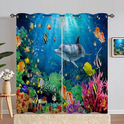 Rideau Occultant Océan Poisson Dauphin Coraux Rideau Thermique Isolant Draperies Intérieurs Tenture Opaque à Oeillets pour Maison Chambre Salon Fenetre 2 Pièces L 168 x H 229 cm - 168L X 229H cm (2 Pa (1/5)