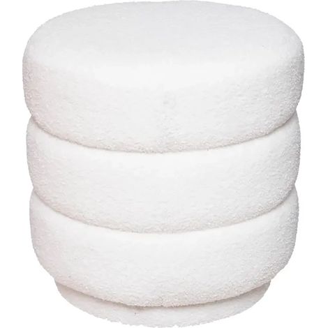 Pouf rond en bouclette, coloris blanc - Diamètre 37,5 x Hauteur 40 cm (1/5)