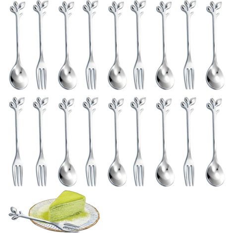 Ensemble de 16 cuillères à café et fourchettes à gâteau, en acier inoxydable, motif feuille, compatibles lave-vaisselle, brillants et résistants. (1/5)