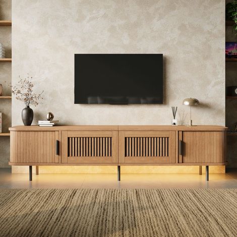 Meuble tv led forme arrondie tiroirs aspect grille portes coulissantes poignées et pieds en fer (1/4)