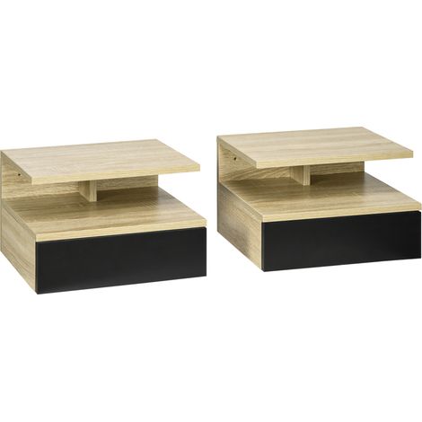 Lot de 2 tables de chevet murales QUENTIN aspect bois et noir (1/5)