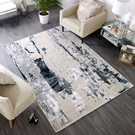Marbled Rug for Living Room Bedroom Aurora AU10 Glacier Quality Modern Abstract Soft Silky Shiny Metallic Silver Grey Rug in Medium 120x170 cm (4'x5'6")