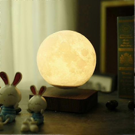 Lámpara lunar levitante con base de madera giratoria, luz nocturna LED impresa en 3D para decoración de dormitorio e iluminación ambiental del hogar. (1/2)
