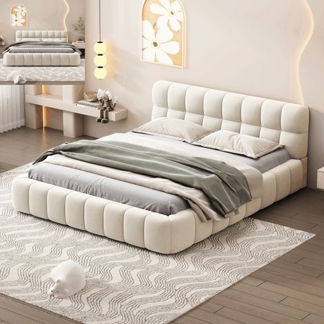 Letto matrimoniale 140x190,letto adulti 140x190,letto imbottito,con schienale morbido, rete a doghe, lino, beige (1/4)
