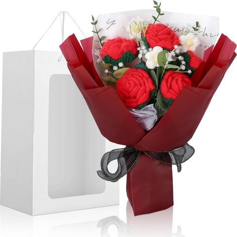 Gehäkelter Blumenstrauß, fertiges Blumenarrangement mit Geschenktüte Bürodekoration, Geschenkidee für Frauen, für Hochzeiten, Muttertag und Valentinstag, rote Rose (1/5)