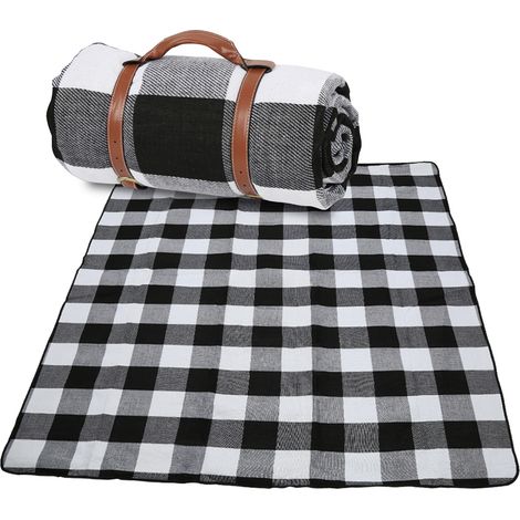 Wolketon Picknickdecke Wasserdicht 200x200 cm XXL Outdoor Campingdecke Faltbar mit Tragegriff Blau-Weiß Karo
