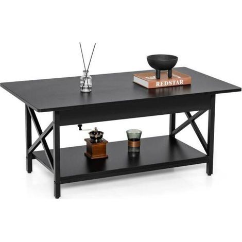 Montage facile Table basse industrielle 2 niveaux avec étagère de rangement, cadre acier noir (1/5)