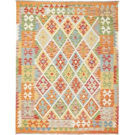 Tapis kilim 147 x 192 cm, motif géométrique, multicolore orange et vert, en laine, tissé plat artisanal (1/5)