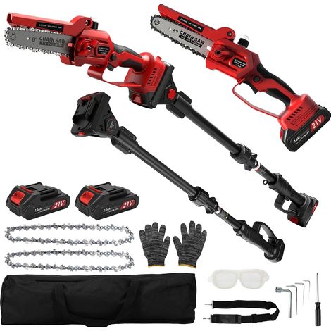 Élagueuse sans fil 2 en 1 et mini tronçonneuse de 15,2 cm avec 2 batteries et 2 chaînes, portée maximale jusqu'à 4,5 m, scie à élaguer sans balais pour couper du bois et l'entretien des arbres (1/5)