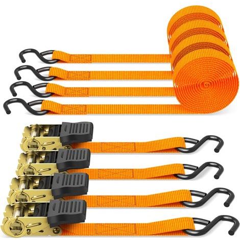Sangle à cliquet 4 pièces,680kg 5 m Sangles de Serrage à cliquet Sangle d'arrimage avec tendeur à cliquet pour équipement de Jardin, appareils de déménagement, Moto, Orange (1/5)