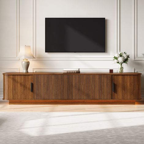 Meuble TV arrondi noyer avec 2 tiroirs, 2 portes coulissantes et LED, 180x40x40 cm (1/5)