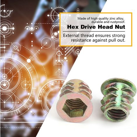 20 écrous à tête hexagonale M8 en alliage de zinc de 13 mm, filetés pour inserts en bois (1/5)