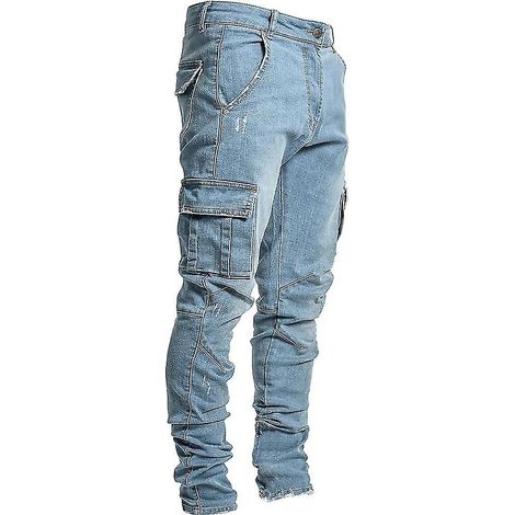 Herren-Cargohose aus Denim, Skinny-Jeans, lässige Slim-Fit-Passform – Größe M – Blau
