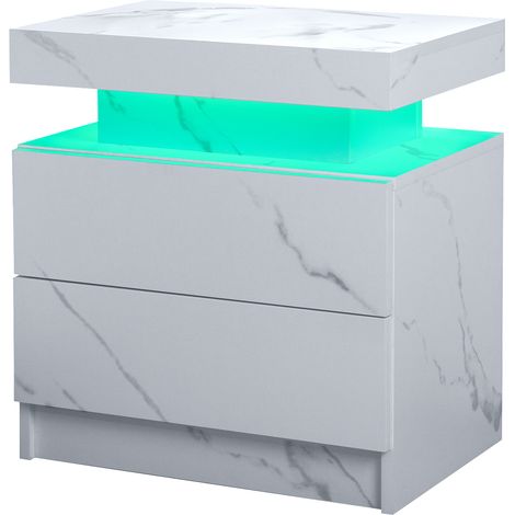 Table de chevet LED, meuble de chevet moderne, table d’appoint avec 2 tiroirs pour chambre (blanc pierre) (1/5)