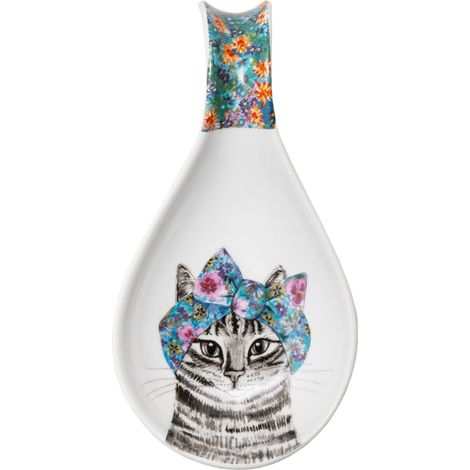 Mikasa Tipperleyhill Dekorativer Löffelhalter de Porzellan, illustriertes Design de Katze und Blumen, Arbeitsplatte, Tischplatte, Tischzubehör, spülmaschinenfest, 21 x 11 x 3 cm