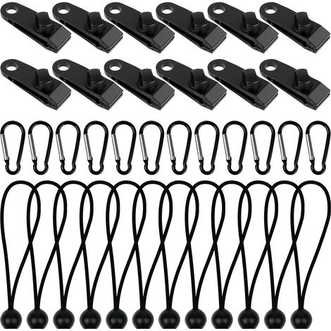 Lot de 36 Clip pour Bâche Tente, 12pcs Pince pour Bâche Pince Verrouillage, 12pcs Tendeur Elastique avec Boule, 12pcs Mousqueton, pour Tentes, Couvertures, Auvents, Bannières, Pavillon, Camping (1/5)