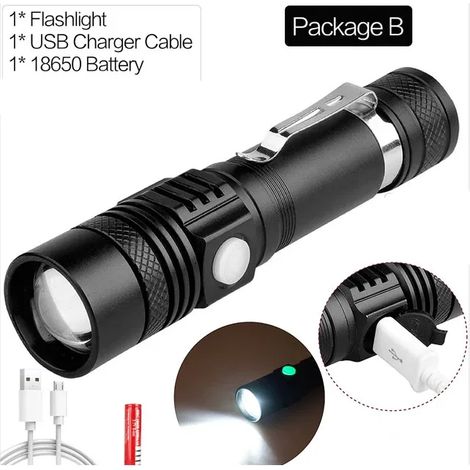 Lampe torche ultra-lumineuse - Interface USB - Éclairage vélo - Rechargeable - Batterie 18650 (1/5)