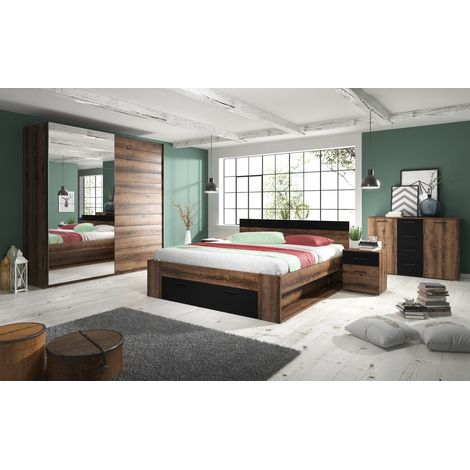 Schlafzimmer Möbel Set mit Doppelbett, Schwebetürenschrank, Kommode und 2 Nachttischen in Monastery Eiche Nb. mit schwarz BIRMINGHAM-83 Liegefläche 160x200 cm (1/5)