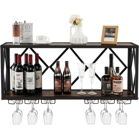Costway – Porte-bouteilles mural industriel – Étagère de rangement pour 39 bouteilles et 12 verres – Conception murale pour espaces étroits – Métal et bois d'ingénierie