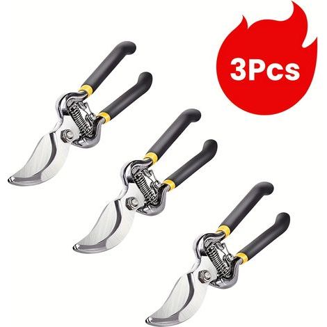 Lot de 3 sécateurs de jardin professionnels à bypass – Lames en acier carbone ultra-tranchantes, poignées ergonomiques, pour branches épaisses (1/5)