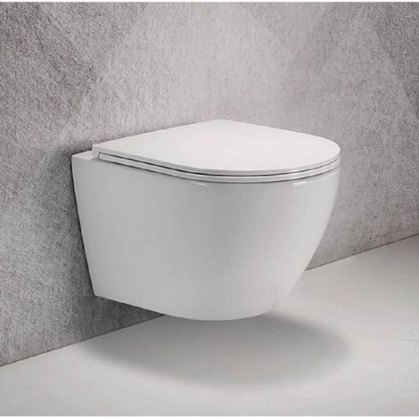 Rue Du Bain – Cuvette WC suspendu ovale sans bride Rimless – Céramique blanche brillante – 49x36 cm – Abattant Duroplastic avec frein de chute (1/4)