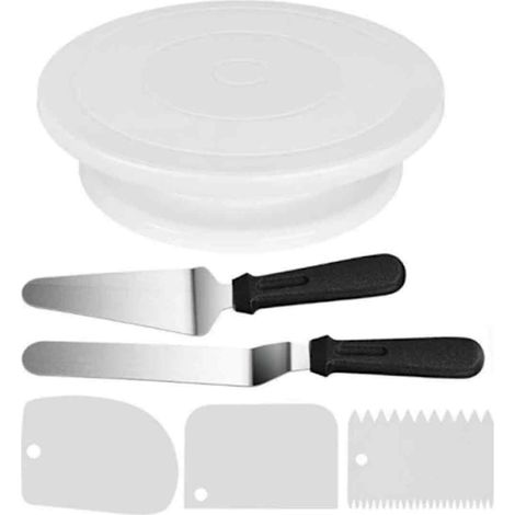 Kit Décoration Gâteaux - Plateau Tournant + 2 Spatules + 3 Racloirs - Pour Décoration Maison et Pâtisserie - 6 Pièces