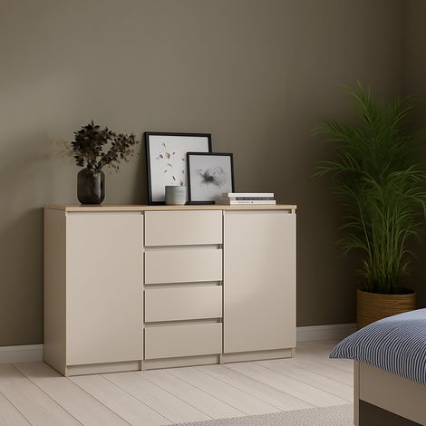 Dmora - Vitrine Crodo, Wohnzimmerbuffet mit 2 Türen und 4 Schubladen, Wohnzimmerschrank und Küchenschrank, 121x50 h91 cm, Beige (1/5)