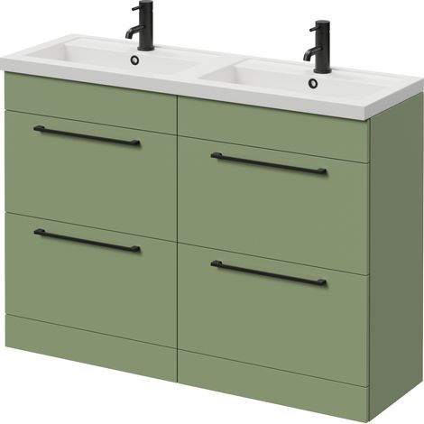 Napoli 390 Olive Green 1200mm 4 Drawer Vanity Unit with Double Lucia Basins - 1200mm - Matt Black 320mm Handle