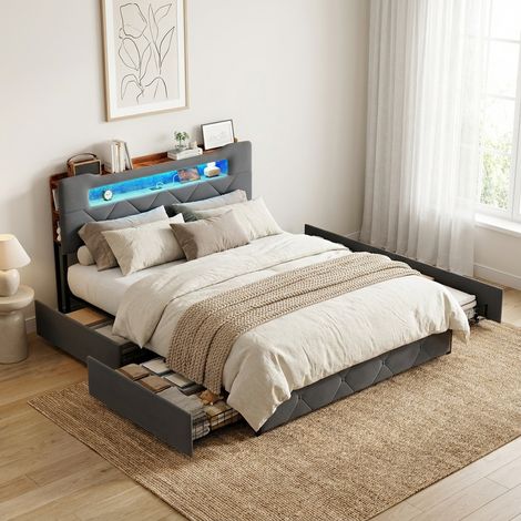 Lit 140x190 avec 4 tiroirs, lit adulte avec rangement, lit double capitonné, sommier à lattes, tête de lit avec étagère, prise USB, LED, velours - Gris