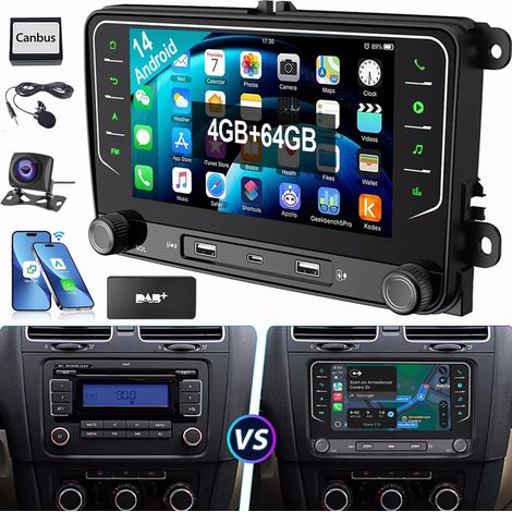 Pour VW Golf 5 6 Touran Passat Tiguan Jetta Polo autoradio Android 14 Carplay GPS 4+64G DAB CAM MIC