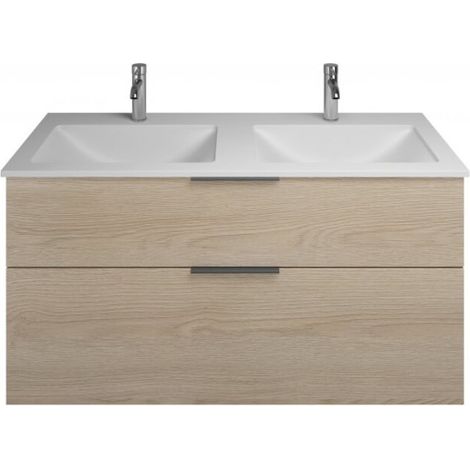 Burgbad Eqio Mineralguss-Doppelwaschtisch mit Unterschrank 122 cm, mit Mittelsteg und 2 Auszügen, mi Eiche Dekor Cashmere/Alpinweiss Schwarz matt (1/2)