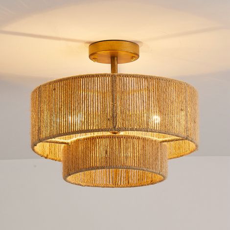 Plafonnier Corde de Jute 39 cm, Luminaire Plafond Bohème 3 Lumières E14, Semi-Plafonnier Naturel pour Salon Chambre Entrée Couloir, Parrot Uncle (1/5)