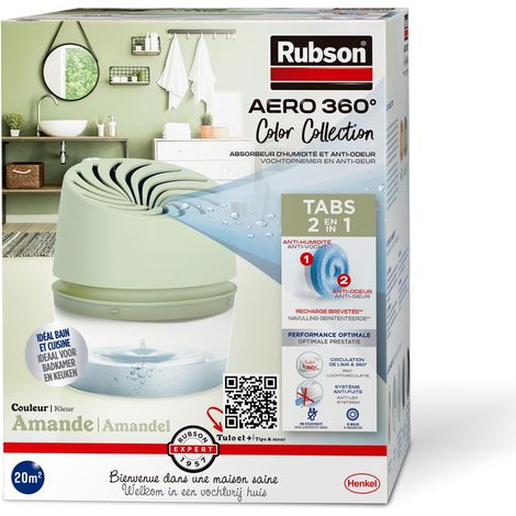 Rubson AERO 360° Absorbeur d'Humidité Couleur Amande (1 appareil + 1 recharge de 450 g), Déshumidificateur anti-odeur & anti-moisissure pour pièce jusqu'à 20 m²