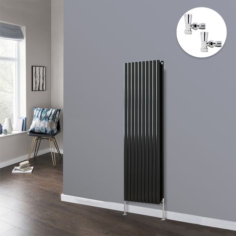 Oval Column Radiator Designer Panel Radiators Bathroom Central Heating Black with Angled Manual Pair of Valves 1600x590mm Vertical Double (1/3)