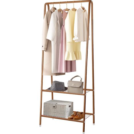 Youyijia Kleiderständer Metall Kleiderstange 60 cm x 151 cm Kleiner Garderobenständer für Schlafzimmer mit Schuhablage Kleiderstange mit Zwei Regalen Kleiderstangen für Kleidung (Kaffee) (1/5)