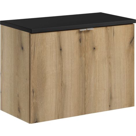 Meuble sous-vasque suspendu 2 portes avec plan NOVA OAK – Naturel et rangement pratique 80 cm-Naturel/Noir-Largeur 80 cm (1/5)