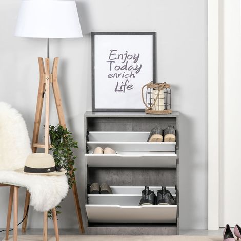 HOMCOM Meuble d'entrée armoire à chaussures 2 portes abattantes 62,5×26×81 cm Gris Blanc