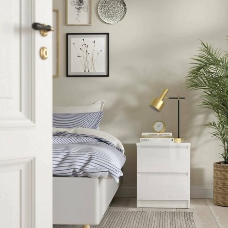 Dmora Comodino a due cassetti, colore bianco lucido, cm 40 x 49 x 50, con imballo rinforzato (1/5)