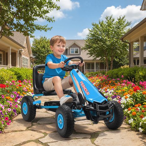 Go-kart a pedali per bambini, sedile regolabile in altezza, ruote in EVA, freno, frizione, età 3-8 anni, blu (1/5)