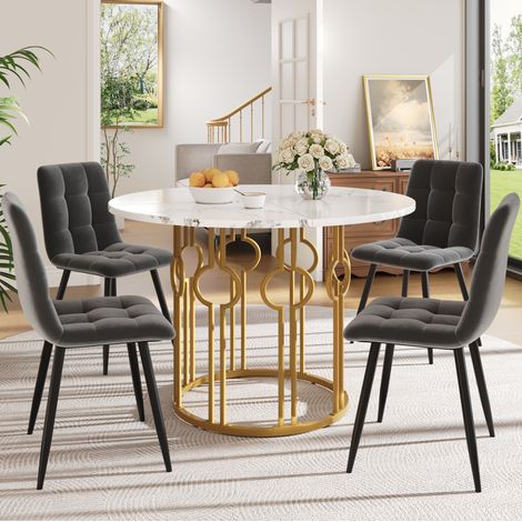 MEUBLIV Set tavolo da pranzo rotondo 100 cm + 4 sedie in velluto grigio scuro (1/5)