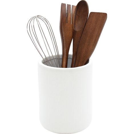 Vaso in ceramica bianca 10,5 x 14 cm con utensili in legno
